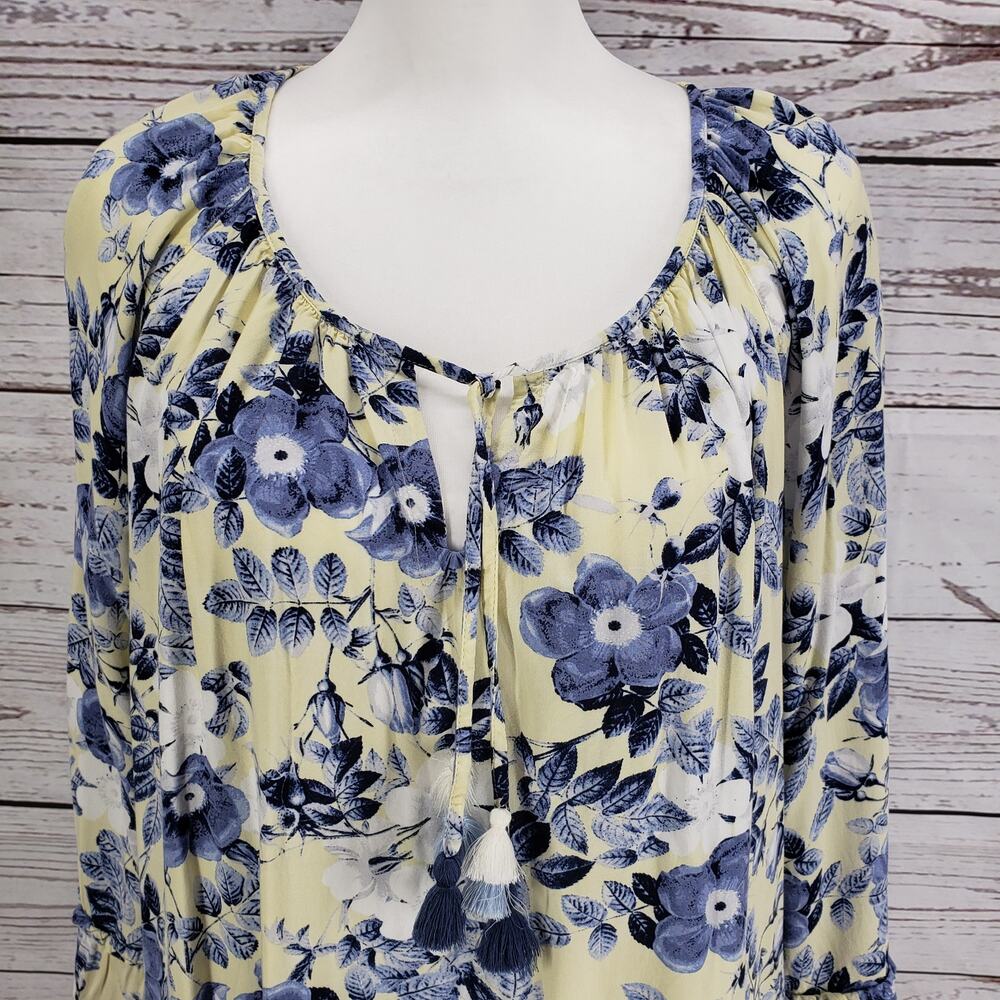 J.JILL  Women's Yellow Blue Floral Tasseled Rayon Tiered Top Size XL - Picture 4 of 15